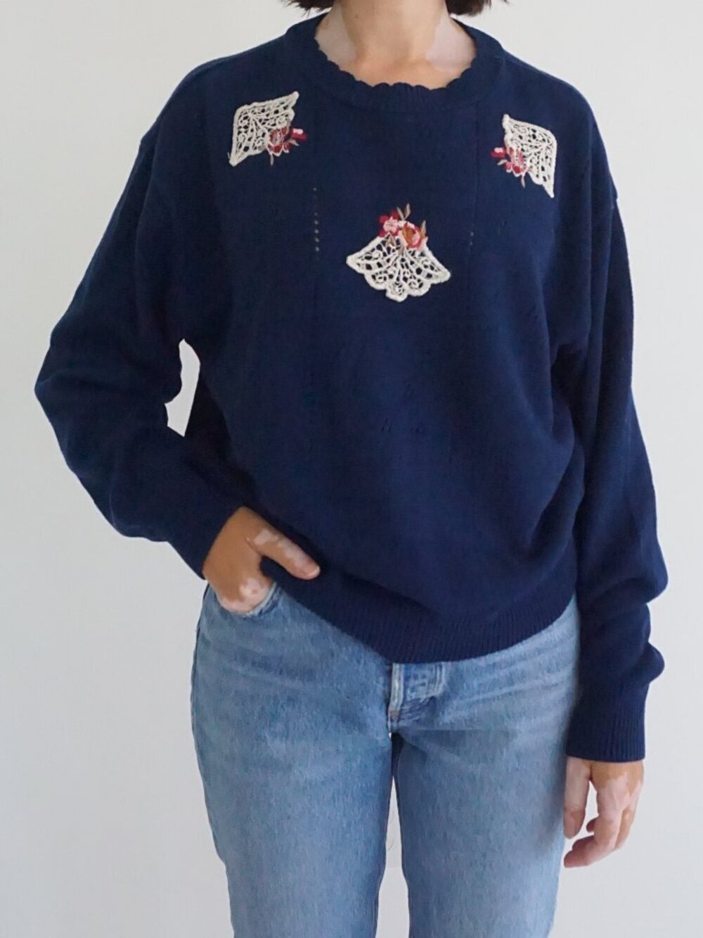 Vintage Southern Lady Navy Lace Red Floral Pointelle Embroidered Knit Sweater L